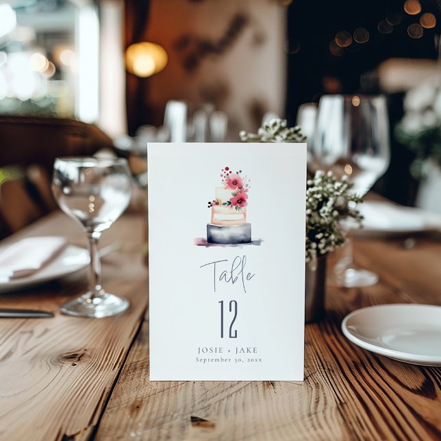 Mjuk Bordsnummer för bröllop-tårta, sittdiagram (Watercolor Wedding Cake Table Number card.)
