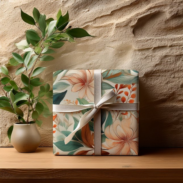 Mjuk botanisk blombröllopsfest presentpapper (Soft botanical floral wrapping paper with peach blooms and muted teal garden pattern design)