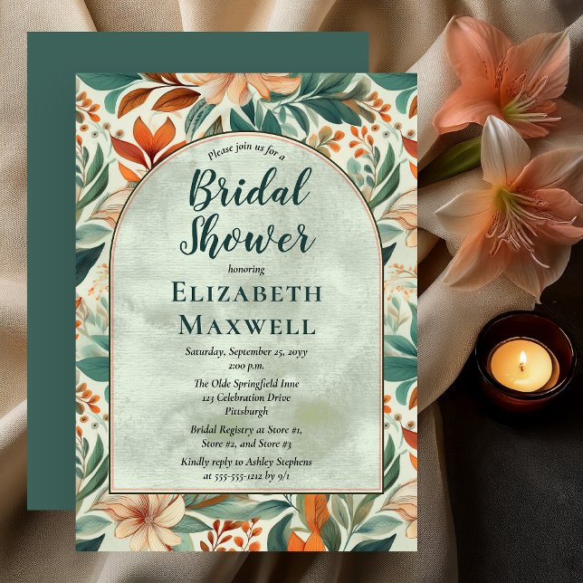 Mjuk Botanisk Bröllopsdusch Blommig Båge Inbjudningar (Soft botanical bridal shower invitation with peach florals and elegant garden arch design)