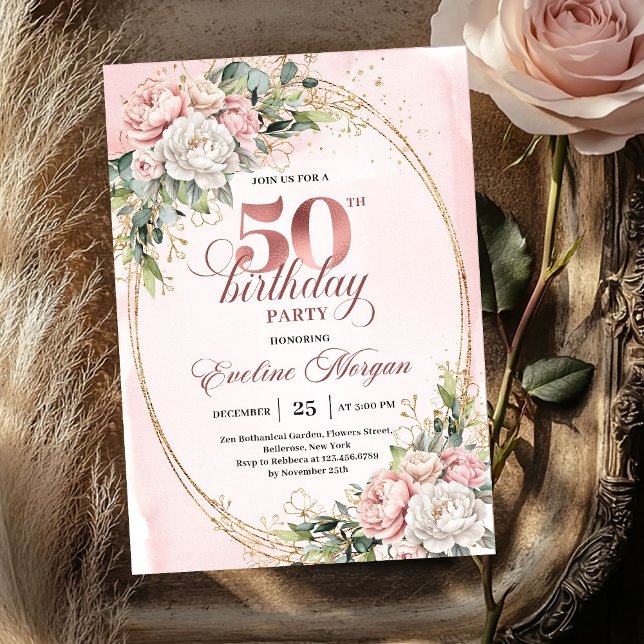 Mjuk botanisk rodnad 50-års födelsedagsinbjudan inbjudningar (Soft Botanical Blush 50th Birthday Invitation)