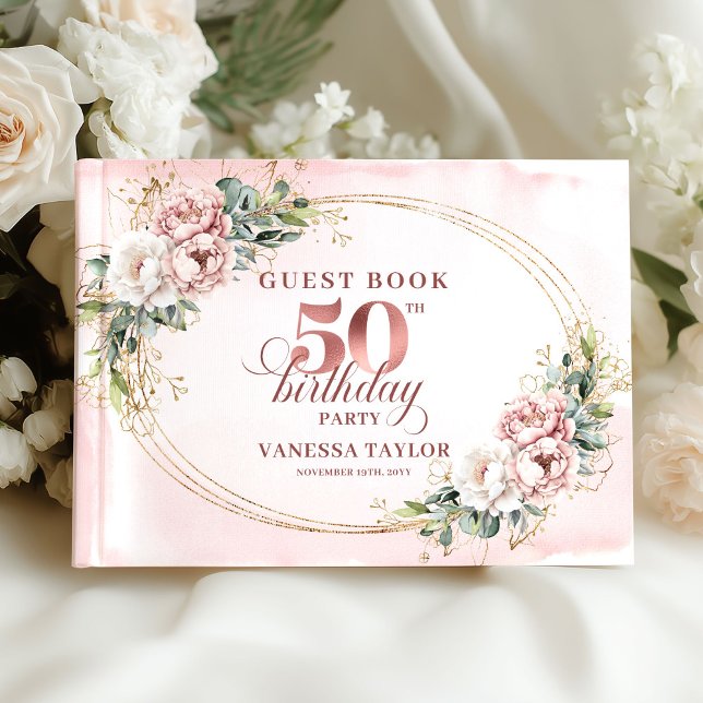 Mjuk botanisk rodnad 50-årsdag gästbok (Soft Botanical Blush 50th Birthday Guest Book)
