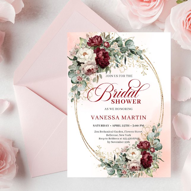 Mjuk Burgundervit Blommig Bröllopsfest Inbjudan (Soft Burgundy White Florals Bridal Shower Invitation)