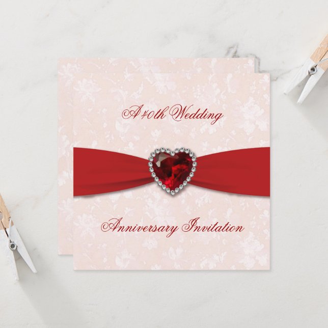 Mjuk Damask 40-års Bröllopsjubileum Inbjudan (Fram/Back In Situ)