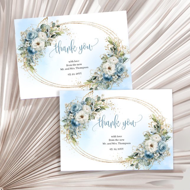Mjuk dammig blå guld bröllop tackkort tack kort (Soft Dusty Blue Gold Wedding thank you card)