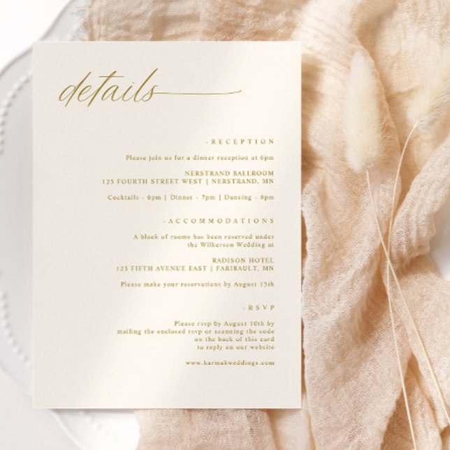 Mjuk delikat information om Romantic Guld Cream Br Tilläggskort (Wedding details card - soft, romantic script - elegant, classy and sophisticated. Simple elegant)