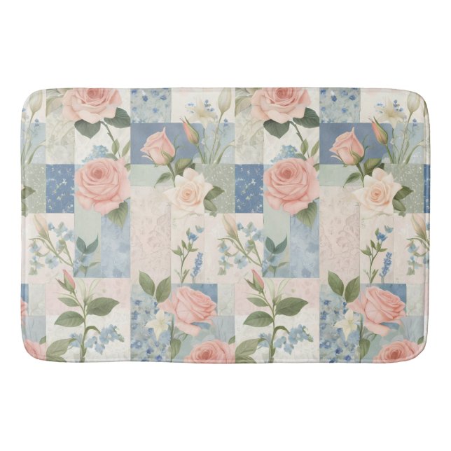 Mjuk delikat Rosa av Blommigt och blått lappverk Badrumsmatta (Framsidan)