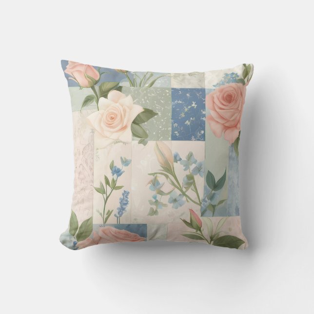 Mjuk delikat Rosa av Blommigt och blått lappverk Kudde (Framsida)