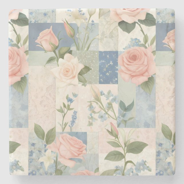 Mjuk delikat Rosa av Blommigt och blått lappverk Stenunderlägg (Framsidan)