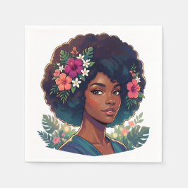 Mjuk elegans svart kvinna med blomkrona afro pappersservett