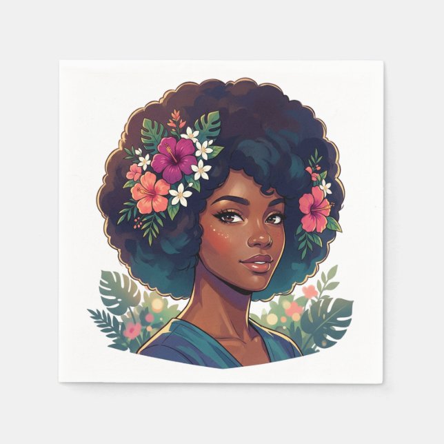Mjuk elegans svart kvinna med blomkrona afro pappersservett (Framsidan)