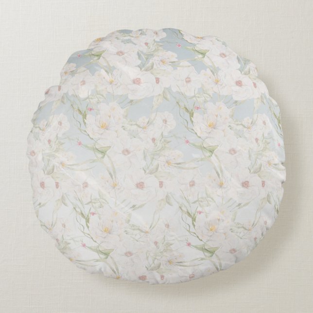 Mjuk Elegant Vitt Blommönster Rund Kudde (Framsidan)