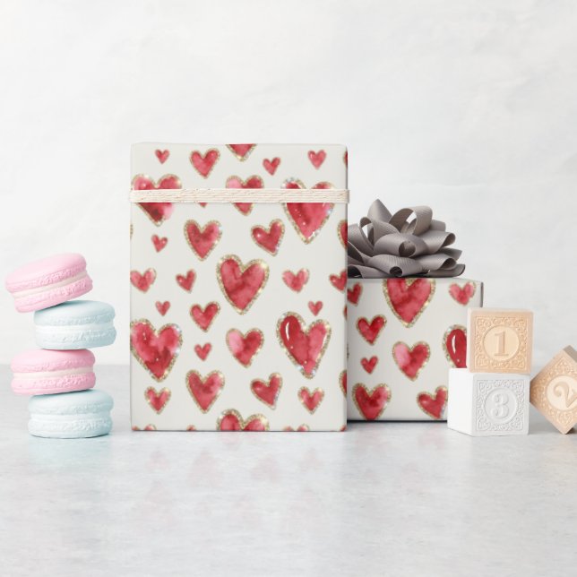 Mjuk Elfenben | Akvarellhjärtan med Falskt Glitter Presentpapper (Baby Shower)
