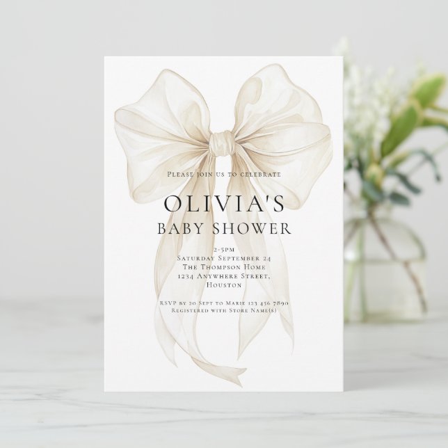 Mjuk Elfenbensfärgad Båge Textöverlägg Baby Shower Inbjudningar (Stående Fram)