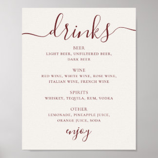 Mjuk Elfenbensvit Bröllopsdryckesmeny | Skrift Bar Poster