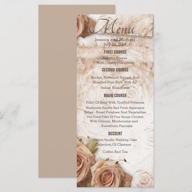 Mjuk Färgad Ro Bröllop Meny (Fram/baksida)