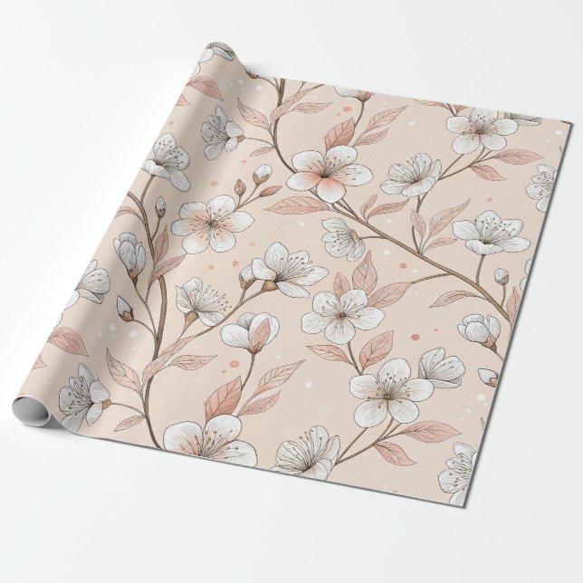 Mjuk Fersken Blommig Gren med Vita Blommor Presentpapper (Utrullad)