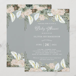Mjuk grå baby shower för lövverk och för blommigt inbjudningar