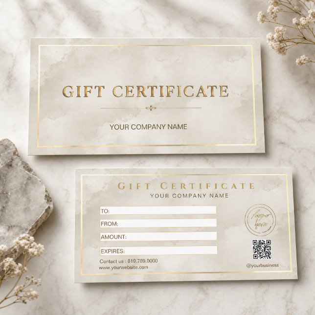 Mjuk Greige Akvarell Marmor Presentkort  (Elegant Greige Marble Gift Certificate with Logo & QR Code)
