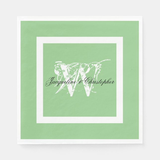 Mjuk Grön Bröllop Vit Monogram & Namn Papper Pappersservett (Framsidan)