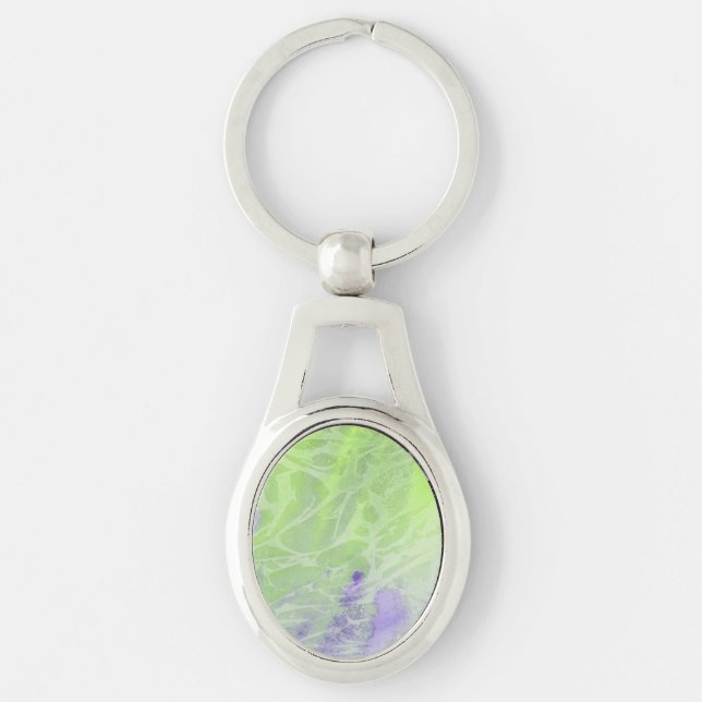 Mjuk grön och lavendel harmoni ovalt silverfärgad nyckelring (Framsidan)