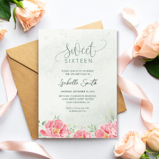 Mjuk Grön & Rosa Glitter Blommig Sweet 16 Födelsed Inbjudningar