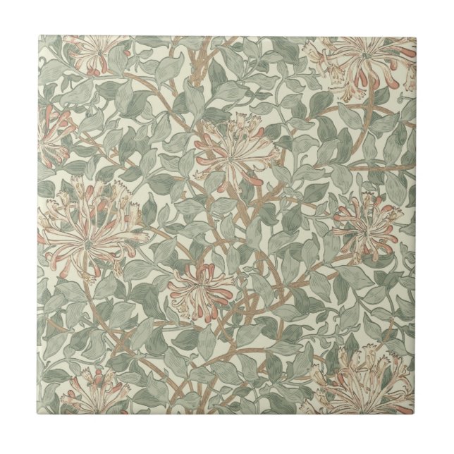 Mjuk grön vintage William Morris kaprifol Kakelplatta (Framsidan)