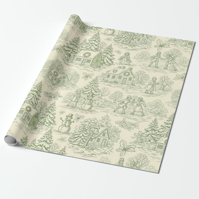 Mjuk Grön Vinterby Toile-mönster Presentpapper (Utrullad)