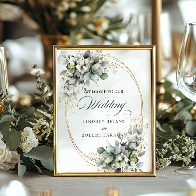 Mjuk Grönska och Guld Bröllops Välkomstskylt Poster (Soft Greenery and Gold Wedding Welcome Sign)