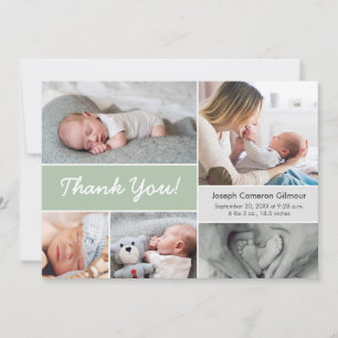 Mjuk Grönt Anpassningsbar Foto Collage Pojke Birth Tack Kort