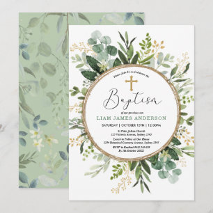 Mjuk Grönt Guld Grey Foliage Baptism Inbjudningar