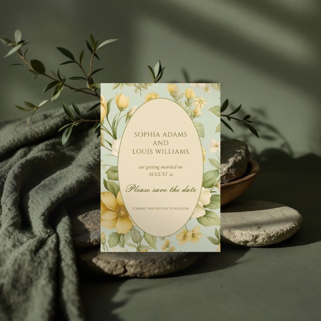 Mjuk grönt och beige blommigt bröllop spara datumet (Skapare uppladdad)