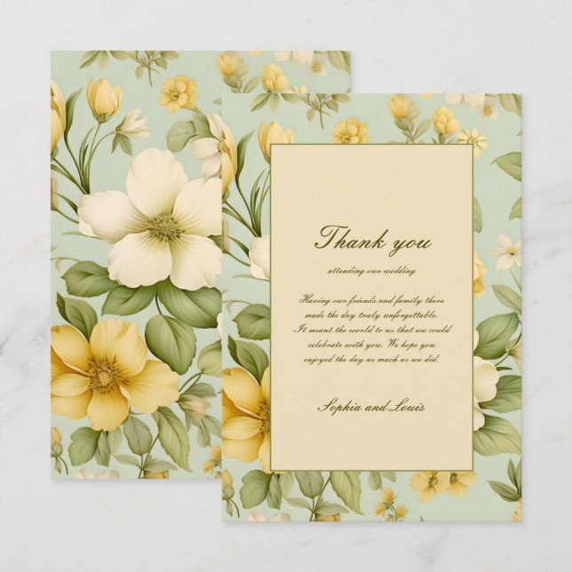 Mjuk grönt och beige blommigt bröllop tack kort (Fram/baksida)