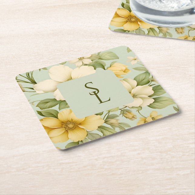 Mjuk grönt och blommor av beige bröllop underlägg papper kvadrat (Vinklad)