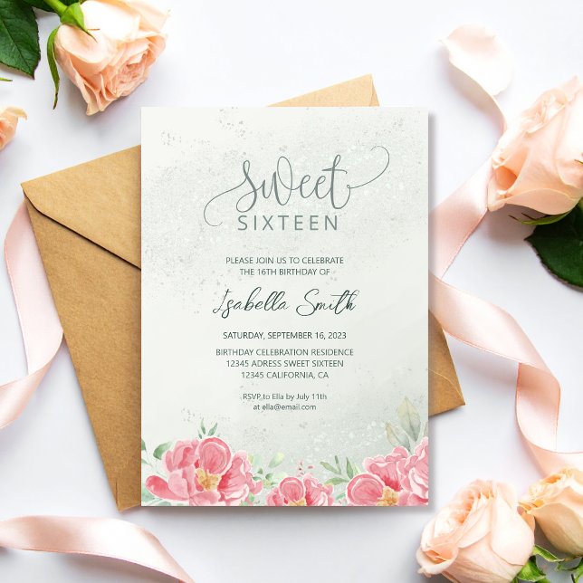 Mjuk Grönt och Rosa Glitter Blommigt Söt 16 födels Inbjudningar (Skapare uppladdad)