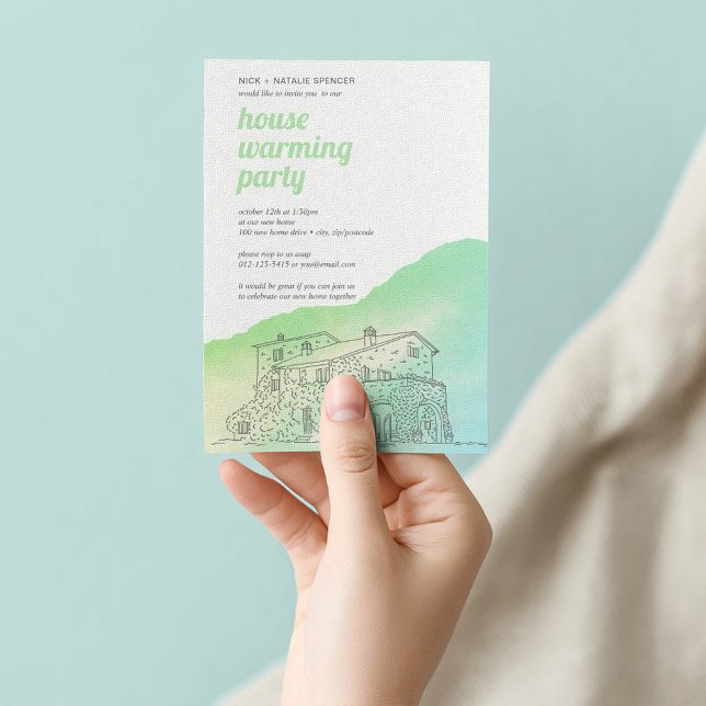 Mjuk grönt, vattenfärg, uppvärmning av party inbjudningar (Green watercolor housewarming card with hand-drawn home illustration.)