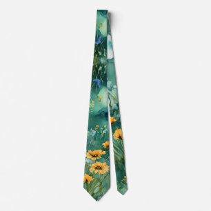 Mjuk Grönt, vattenfärgslandskap, vilda blommor Slips