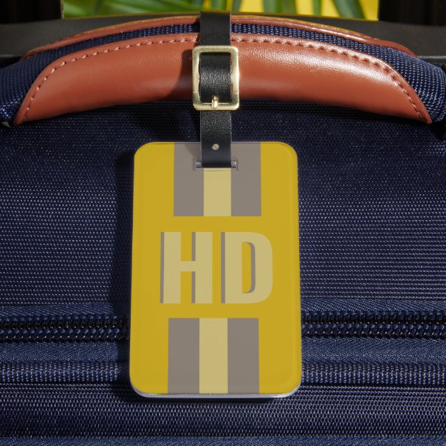Mjuk gul och svart randig retro skuggmonogram bagagebricka (Framsida Insitu 2)