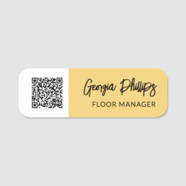 Mjuk gul och vit QR-kodpenselskrift Namnbricka