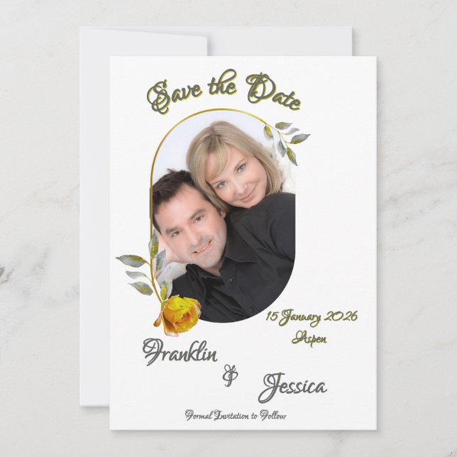 Mjuk Gul ros med Blek Grönt och Guld Oval Foto Spara Datumet (Framsida)