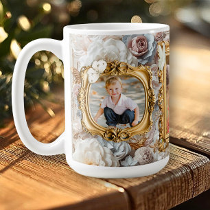 Mjuk Guld Barock Blommig Fotram Collage Kaffemugg