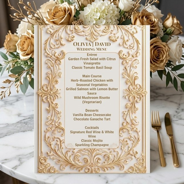 Mjuk Guld Elfenbensbarock Blommig Ram Bröllopsmeny Meny (Soft Gold Ivory Baroque Floral Frame Wedding Menu)