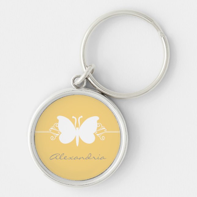 Mjuk Gult-Butterfly Swirls Premium Keychain Rund Silverfärgad Nyckelring (Framsidan)