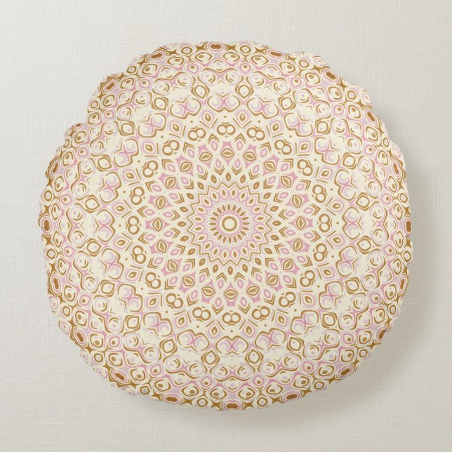 Mjuk gyllene rodnad Mandala-design Rund Kudde (Framsidan)