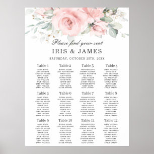 Mjuk hued Rosa Blommigt Leafy Bröllop Seating Char Poster