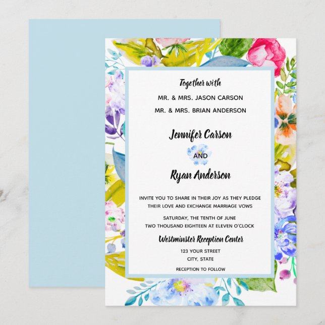 Mjuk inbjudan till Romantic Wedding med blå Blommi (Fram/baksida)