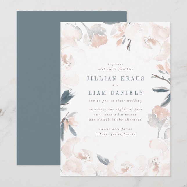 Mjuk inbjudan till Rosa Peony Wedding (Fram/baksida)