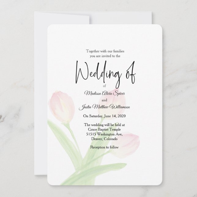 Mjuk inbjudan till Rosa Tulips Watercolor Wedding (Framsida)