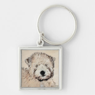 Mjuk Jackat hjällande terrier-målning Original Art Fyrkantig Silverfärgad Nyckelring