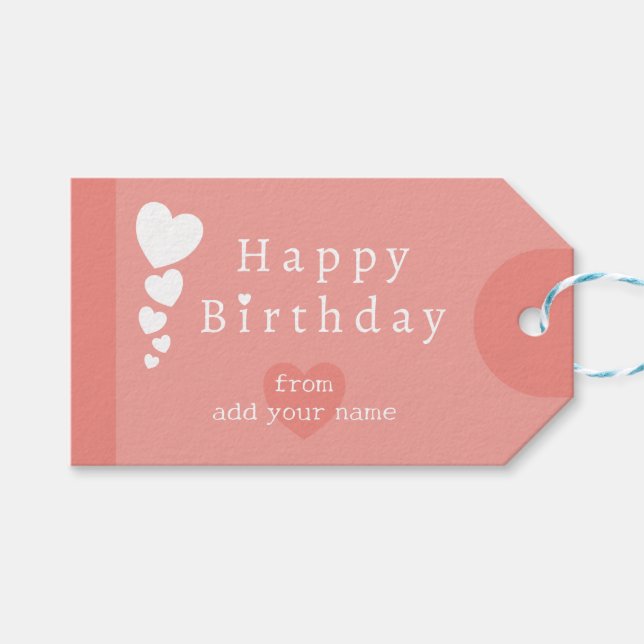 Mjuk koral - Rosa Birthday Hearts Gift-Märkre Presentetikett (Framsidan (Horisontell))