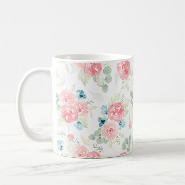 Mjuk korallfärgad blommigt bouquet kaffemugg (Vänster)